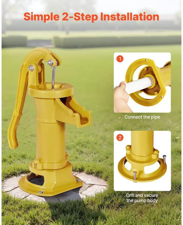 Alt view image 6 of 8 - VEVOR Well Hand Pitcher Pump, 25 ft Maximum Lift, Antique Cast Iron Manual Hand Water Pump, NPT 1-1/4 in Connection, Easy Installation, Old Fashioned for Outdoor Garden, Pond, Backyard, Farm, Yellow