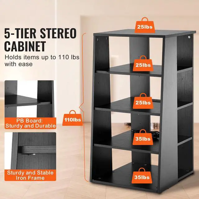 Alt view image 9 of 14 - VEVOR  5-Tier AV Media Stand, Wooden Audio-Video Media Stand for DVD Players/Cable Boxes/Games Consoles, Height-Adjustable Media Storage Cabinet for Gaming, Recording Room, Black