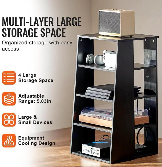 Alt view image 13 of 14 - VEVOR  5-Tier AV Media Stand, Wooden Audio-Video Media Stand for DVD Players/Cable Boxes/Games Consoles, Height-Adjustable Media Storage Cabinet for Gaming, Recording Room, Black