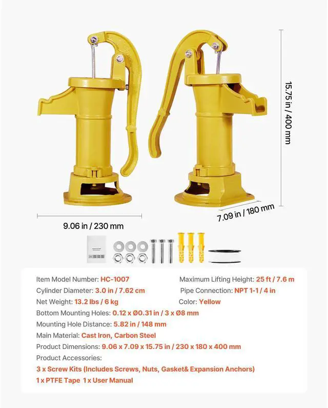 Alt view image 8 of 8 - VEVOR Well Hand Pitcher Pump, 25 ft Maximum Lift, Antique Cast Iron Manual Hand Water Pump, NPT 1-1/4 in Connection, Easy Installation, Old Fashioned for Outdoor Garden, Pond, Backyard, Farm, Yellow