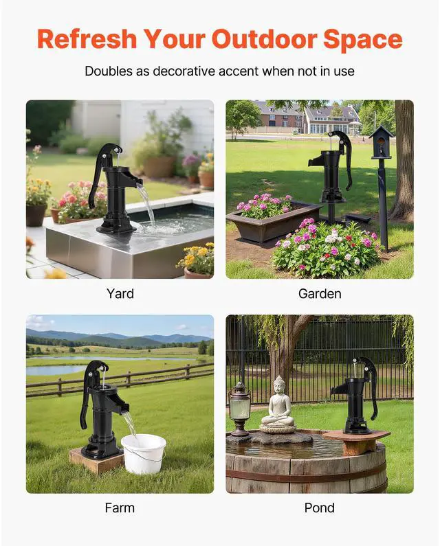 Alt view image 7 of 8 - VEVOR Well Hand Pitcher Pump, 25 ft Maximum Lift, Antique Cast Iron Manual Hand Water Pump, NPT 1-1/4 in Connection, Easy Installation, Old Fashioned for Outdoor Garden, Pond, Backyard, Farm, Black