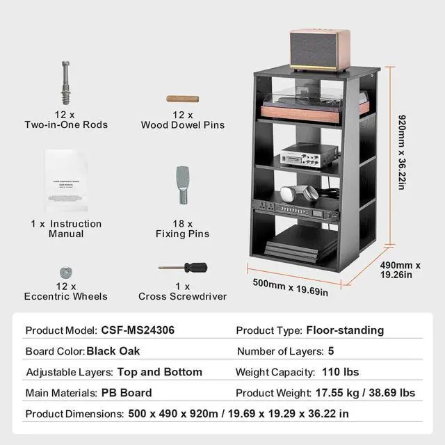 Alt view image 14 of 14 - VEVOR  5-Tier AV Media Stand, Wooden Audio-Video Media Stand for DVD Players/Cable Boxes/Games Consoles, Height-Adjustable Media Storage Cabinet for Gaming, Recording Room, Black