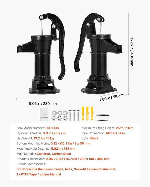 Alt view image 8 of 8 - VEVOR Well Hand Pitcher Pump, 25 ft Maximum Lift, Antique Cast Iron Manual Hand Water Pump, NPT 1-1/4 in Connection, Easy Installation, Old Fashioned for Outdoor Garden, Pond, Backyard, Farm, Black