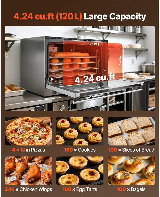Alt view image 4 of 7 - Commercial Convection Oven, 4.24 cu.ft Conventional Countertop Oven for Full-Size Pans, Electric Convection Ovens with 4 Racks, 360° Hot Air Circulation, for Bakery, Restaurant & Pizza Shop