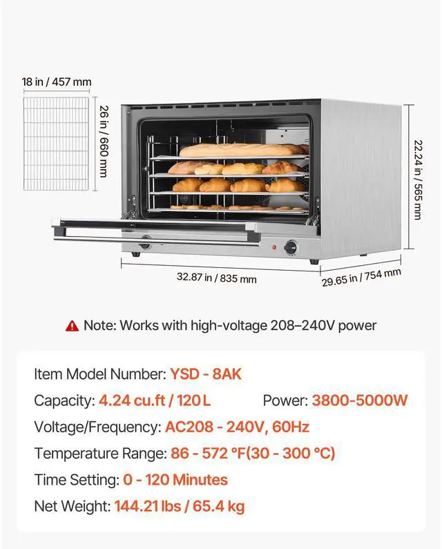 Alt view image 7 of 7 - Commercial Convection Oven, 4.24 cu.ft Conventional Countertop Oven for Full-Size Pans, Electric Convection Ovens with 4 Racks, 360° Hot Air Circulation, for Bakery, Restaurant & Pizza Shop