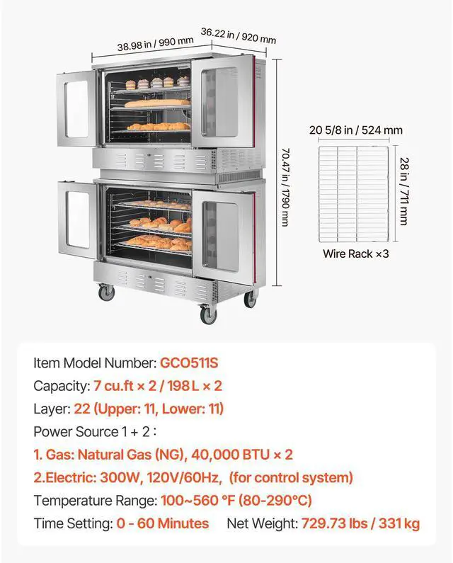 Alt view image 7 of 7 - Double Deck Gas Convection Oven, 14 cu.ft Full-Size Commercial Convection Oven, 40,000 BTU x 2 Powerful Burners, Natural Gas Commercial Ovens with Two Fan Modes, for Bakery, Restaurant & Kitchen