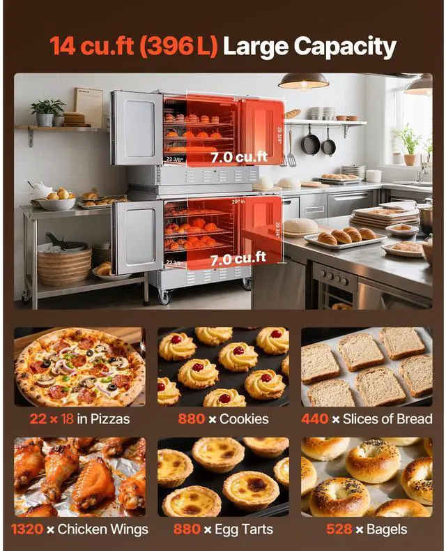 Alt view image 4 of 7 - Double Deck Gas Convection Oven, 14 cu.ft Full-Size Commercial Convection Oven, 40,000 BTU x 2 Powerful Burners, Natural Gas Commercial Ovens with Two Fan Modes, for Bakery, Restaurant & Kitchen