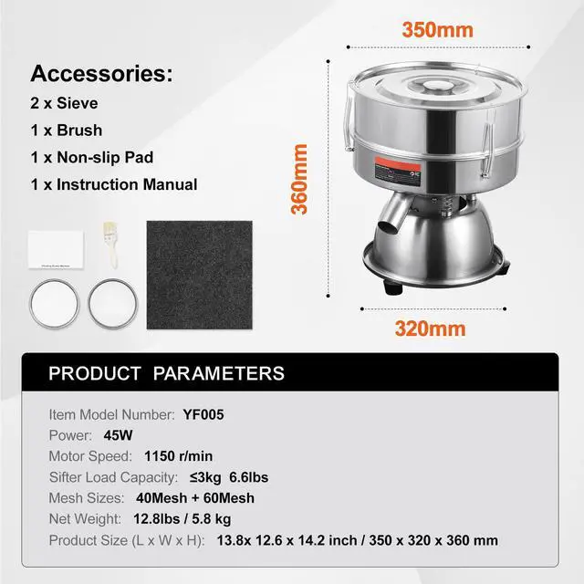Alt view image 14 of 14 - Automatic Electric Vibrating Sieve, Stainless Steel Sifter Shaker Machine with 40+60 Mesh, 45W Automatic Powder Sifter Machine Countertop, Electric Sieve Shaker for Flour Powers, Mungbean, Rice