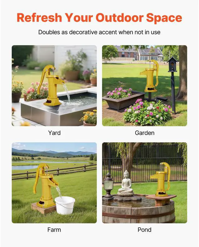 Alt view image 7 of 8 - VEVOR Well Hand Pitcher Pump, 25 ft Maximum Lift, Antique Cast Iron Manual Hand Water Pump, NPT 1-1/4 in Connection, Easy Installation, Old Fashioned for Outdoor Garden, Pond, Backyard, Farm, Yellow