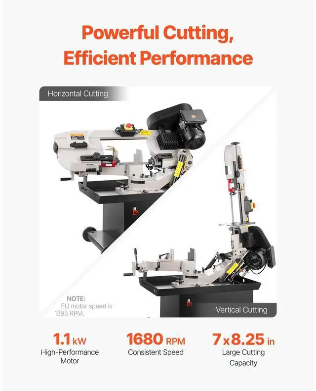 Alt view image 2 of 7 - Metal Horizontal Band Saw, 7 x 8.25 in Rectangular Cutting Capacity, 110/220V Vertical Cutting Bandsaw with 1.1 kW Motor, 0-45° Angle Adjustment, Variable Speed, for Metal, Wood, and Plastic