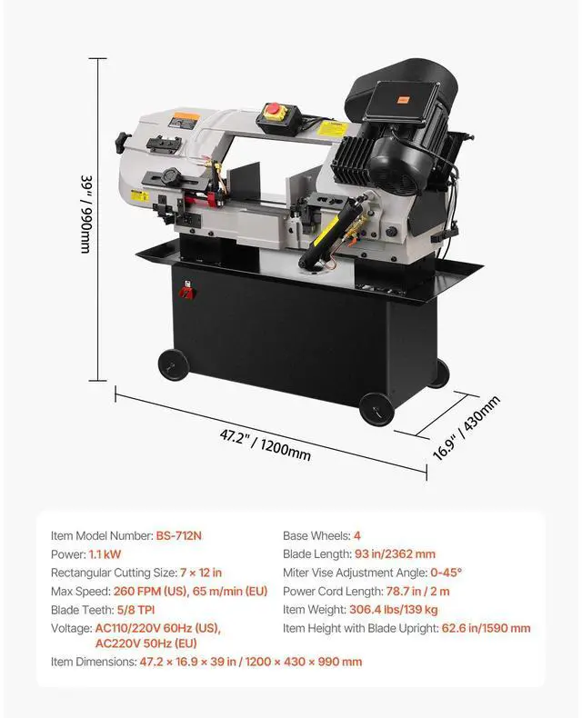 Alt view image 7 of 7 - Metal Horizontal Band Saw, 7 x 12 in Rectangular Cutting Capacity, 110/220V Metal Vertical Cutting Bandsaw with 1.1 kW Motor, 0-45° Angle Adjustment, Variable Speed, for Metal, Wood, and Plastic