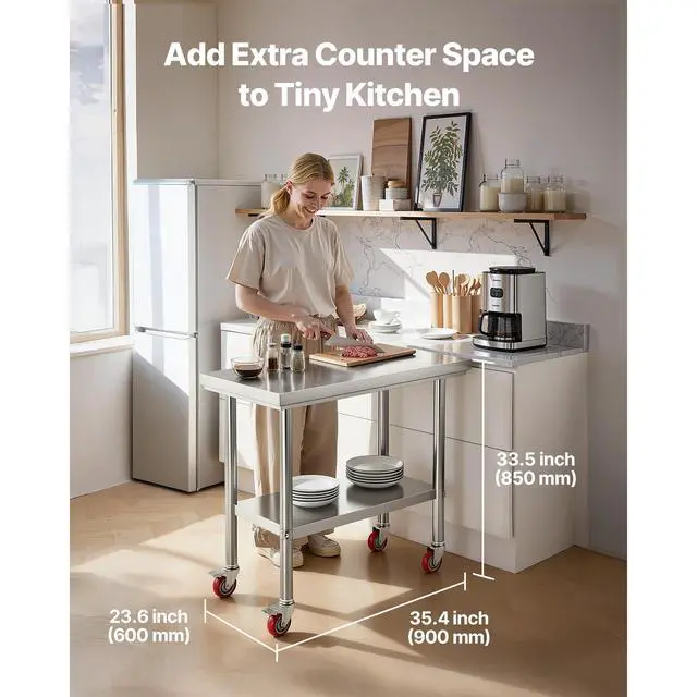 Alt view image 3 of 8 - VEVOR Stainless Steel Table, 24 x 35.4 Inches Food Prep Worktable with Wheels, Kitchen Prep Table with Adjustable Undershelf Workstations for Commercial Kitchen, Restaurant, Hotel and Garage, Outdoor