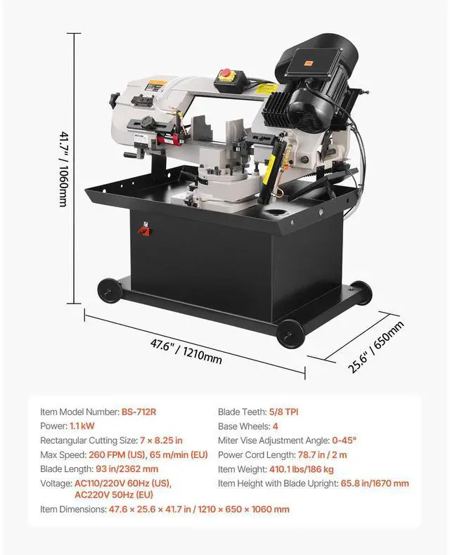 Alt view image 7 of 7 - Metal Horizontal Band Saw, 7 x 8.25 in Rectangular Cutting Capacity, 110/220V Vertical Cutting Bandsaw with 1.1 kW Motor, 0-45° Angle Adjustment, Variable Speed, for Metal, Wood, and Plastic
