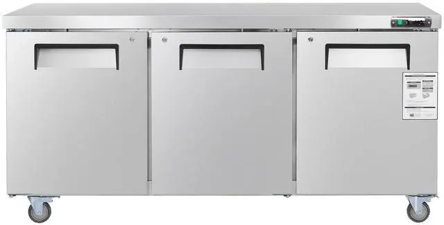 Main image of 72" W Commercial Freezer, 17.7 Cu.Ft Worktop Freezers Undercounter with LED Auto Lighting and Lockable Door, 3 Doors Food Freezing Prep Worktable, Stainless Steel Prep Frozen Table with Casters