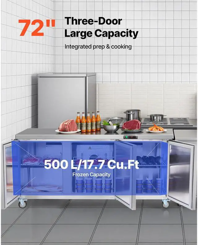 Alt view image 2 of 7 - 72" W Commercial Freezer, 17.7 Cu.Ft Worktop Freezers Undercounter with LED Auto Lighting and Lockable Door, 3 Doors Food Freezing Prep Worktable, Stainless Steel Prep Frozen Table with Casters