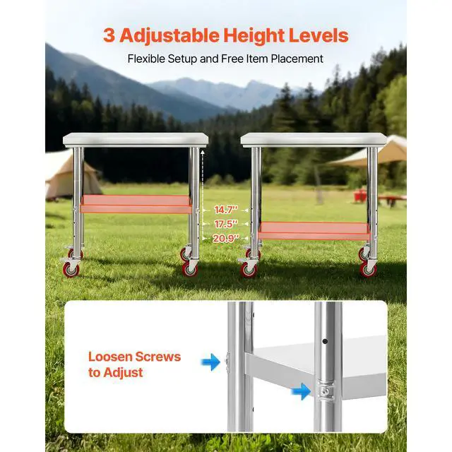 Alt view image 7 of 8 - VEVOR Stainless Steel Table, 24 x 35.4 Inches Food Prep Worktable with Wheels, Kitchen Prep Table with Adjustable Undershelf Workstations for Commercial Kitchen, Restaurant, Hotel and Garage, Outdoor