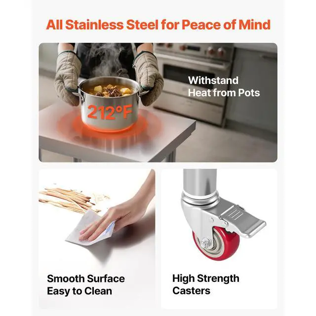 Alt view image 4 of 8 - VEVOR Stainless Steel Table, 24 x 18 Inches Food Prep Worktable with Wheels, Kitchen Prep Table with Adjustable Undershelf Workstations for Commercial Kitchen, Restaurant, Hotel and Garage, Outdoor