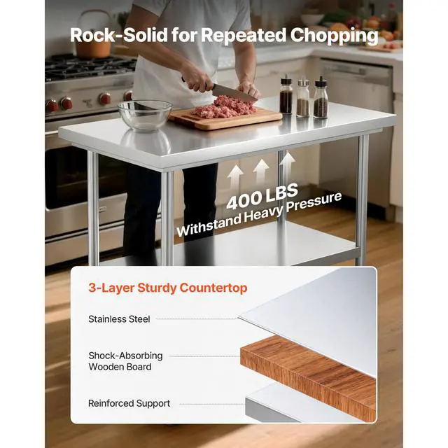 Alt view image 5 of 8 - VEVOR Stainless Steel Table, 24 x 35.4 Inches Food Prep Worktable with Wheels, Kitchen Prep Table with Adjustable Undershelf Workstations for Commercial Kitchen, Restaurant, Hotel and Garage, Outdoor