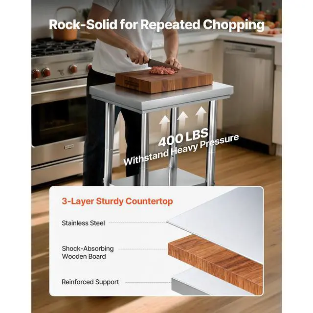 Alt view image 5 of 8 - VEVOR Stainless Steel Table, 24 x 18 Inches Food Prep Worktable with Wheels, Kitchen Prep Table with Adjustable Undershelf Workstations for Commercial Kitchen, Restaurant, Hotel and Garage, Outdoor