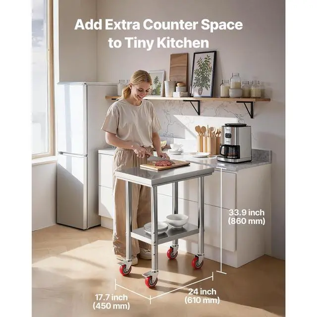 Alt view image 3 of 8 - VEVOR Stainless Steel Table, 24 x 18 Inches Food Prep Worktable with Wheels, Kitchen Prep Table with Adjustable Undershelf Workstations for Commercial Kitchen, Restaurant, Hotel and Garage, Outdoor