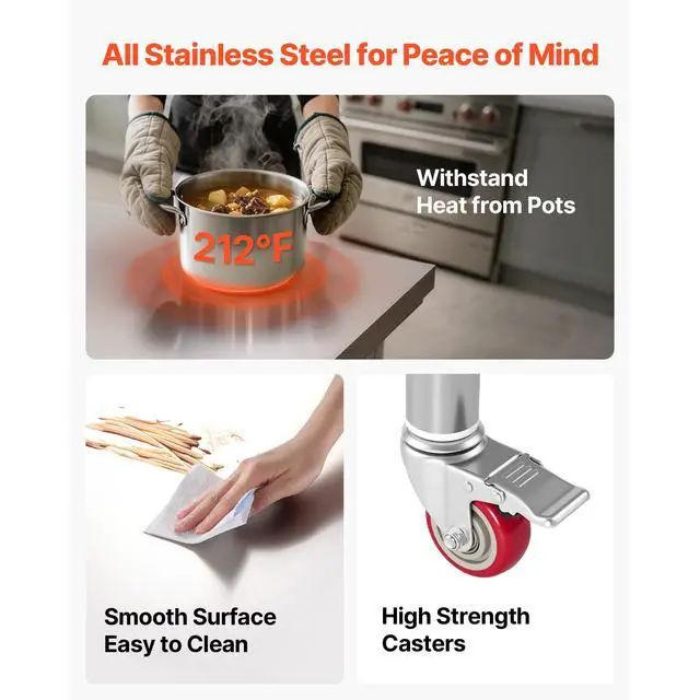 Alt view image 4 of 8 - VEVOR Stainless Steel Table, 24 x 35.4 Inches Food Prep Worktable with Wheels, Kitchen Prep Table with Adjustable Undershelf Workstations for Commercial Kitchen, Restaurant, Hotel and Garage, Outdoor