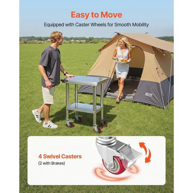 Alt view image 6 of 8 - VEVOR Stainless Steel Table, 24 x 18 Inches Food Prep Worktable with Wheels, Kitchen Prep Table with Adjustable Undershelf Workstations for Commercial Kitchen, Restaurant, Hotel and Garage, Outdoor