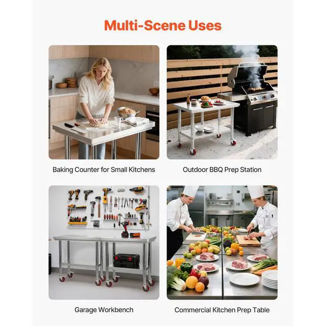 Alt view image 8 of 8 - VEVOR Stainless Steel Table, 24 x 35.4 Inches Food Prep Worktable with Wheels, Kitchen Prep Table with Adjustable Undershelf Workstations for Commercial Kitchen, Restaurant, Hotel and Garage, Outdoor