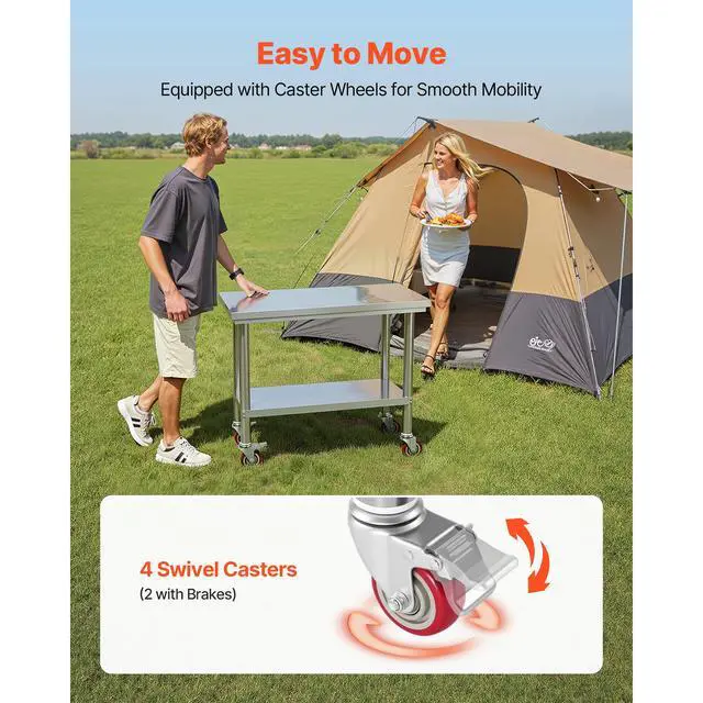 Alt view image 6 of 8 - VEVOR Stainless Steel Table, 24 x 35.4 Inches Food Prep Worktable with Wheels, Kitchen Prep Table with Adjustable Undershelf Workstations for Commercial Kitchen, Restaurant, Hotel and Garage, Outdoor