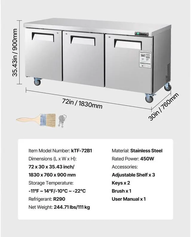 Alt view image 7 of 7 - 72" W Commercial Freezer, 17.7 Cu.Ft Worktop Freezers Undercounter with LED Auto Lighting and Lockable Door, 3 Doors Food Freezing Prep Worktable, Stainless Steel Prep Frozen Table with Casters