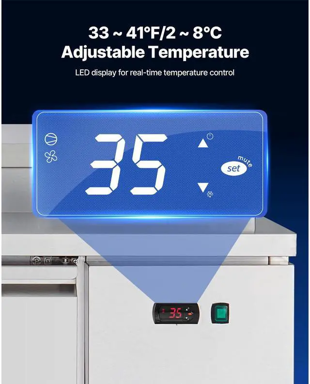 Alt view image 5 of 7 - 67"W Commercial Refrigerator, Pizza Prep Refrigerated Table, 20" Ultra Wide Countertop Food Prep Worktable, 20.3 Cu.Ft Single Door Salad Prep Fridge, 9 Pans Pizza Make Worktop with Cutting Board