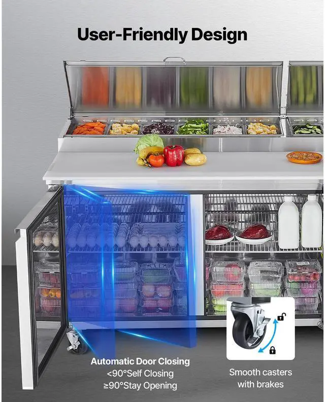 Alt view image 6 of 7 - 67"W Commercial Refrigerator, Pizza Prep Refrigerated Table, 20" Ultra Wide Countertop Food Prep Worktable, 20.3 Cu.Ft Single Door Salad Prep Fridge, 9 Pans Pizza Make Worktop with Cutting Board