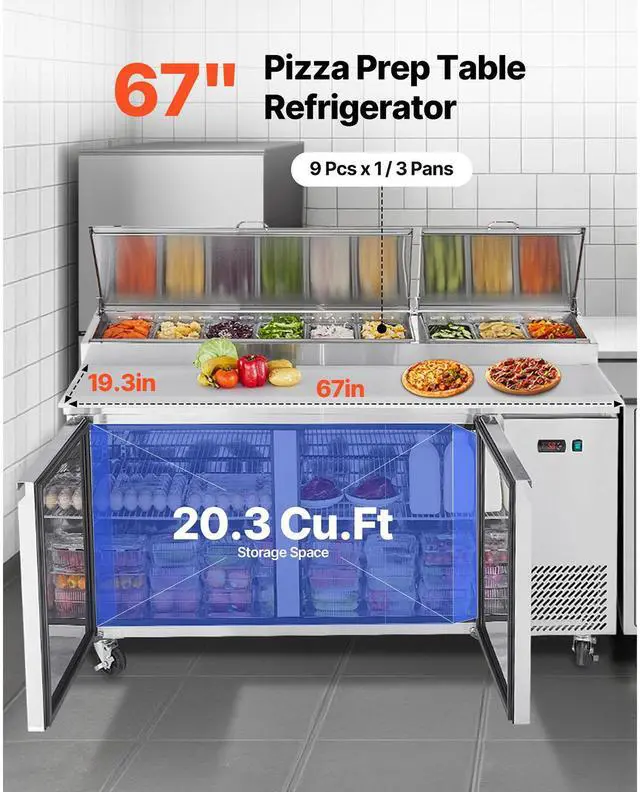 Alt view image 2 of 7 - 67"W Commercial Refrigerator, Pizza Prep Refrigerated Table, 20" Ultra Wide Countertop Food Prep Worktable, 20.3 Cu.Ft Single Door Salad Prep Fridge, 9 Pans Pizza Make Worktop with Cutting Board