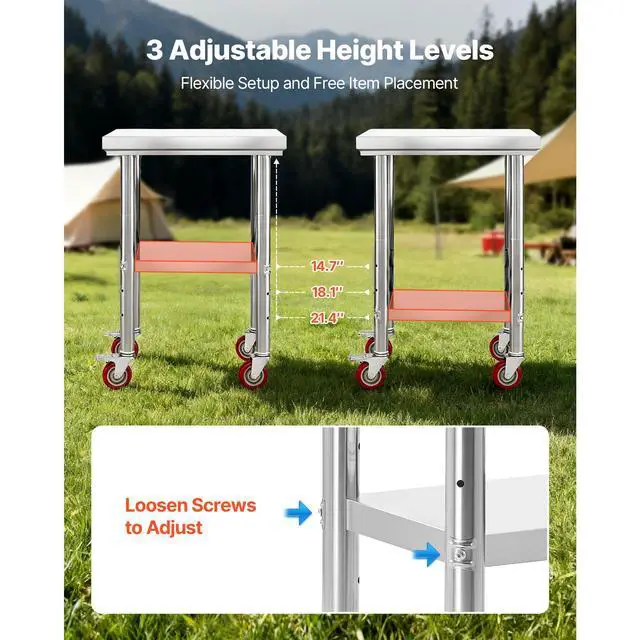 Alt view image 7 of 8 - VEVOR Stainless Steel Table, 24 x 18 Inches Food Prep Worktable with Wheels, Kitchen Prep Table with Adjustable Undershelf Workstations for Commercial Kitchen, Restaurant, Hotel and Garage, Outdoor