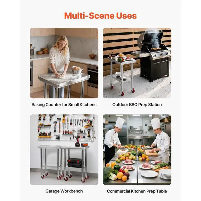 Alt view image 8 of 8 - VEVOR Stainless Steel Table, 24 x 18 Inches Food Prep Worktable with Wheels, Kitchen Prep Table with Adjustable Undershelf Workstations for Commercial Kitchen, Restaurant, Hotel and Garage, Outdoor