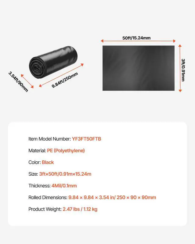 Alt view image 8 of 8 - VEVOR 3FT x 50FT Plastic Sheeting Heavy Duty, 4 Mil Thick Plastic Sheeting Roll, Plastic Drop Cloth Painters Tarp, Polyethylene Covering for Crawl Space Vapor Barrier, Multi-Purpose, Black