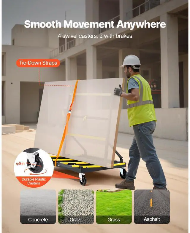 Alt view image 5 of 8 - VEVOR Drywall Cart Dolly, 1800 lbs Load Capacity, Steel Panel Dolly with 4 Swivel Casters & Expandable Deck, Foldable Panel Truck Cart with Tie-Down Strap for Handling Plywood, Plasterboard, Glass