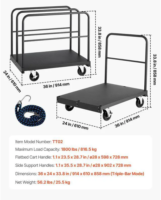 Alt view image 8 of 8 - VEVOR Drywall Cart Dolly, 1800 lbs Load Capacity, 2-in-1 Steel Panel Truck Cart with 5 inch Swivel Casters, 36 x 24 inch Platform Truck with 4 Side Handrails for Factory, Warehouse, Garage, Black
