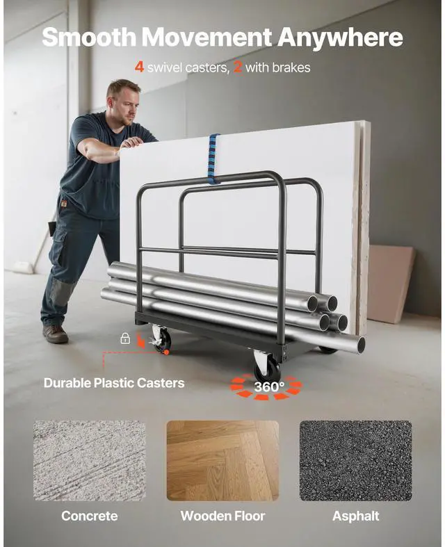 Alt view image 5 of 8 - VEVOR Drywall Cart Dolly, 1800 lbs Load Capacity, 2-in-1 Steel Panel Truck Cart with 5 inch Swivel Casters, 36 x 24 inch Platform Truck with 4 Side Handrails for Factory, Warehouse, Garage, Black