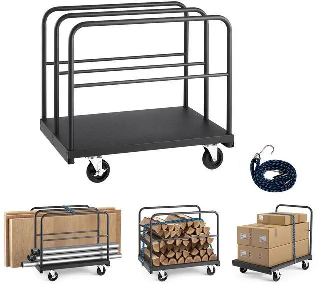 Alt view image 2 of 8 - VEVOR Drywall Cart Dolly, 1800 lbs Load Capacity, 2-in-1 Steel Panel Truck Cart with 5 inch Swivel Casters, 36 x 24 inch Platform Truck with 4 Side Handrails for Factory, Warehouse, Garage, Black