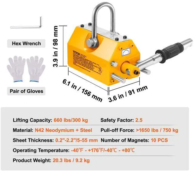 Alt view image 15 of 15 - VEVOR Magnetic Lifter, 660 lbs/300 kg Pulling Capacity, 2.5 Safety Factor, Neodymium & Steel, Lifting Magnet with Release, Permanent Lift Magnets, Heavy Duty Magnet for Hoist, Shop Crane, Block, Board