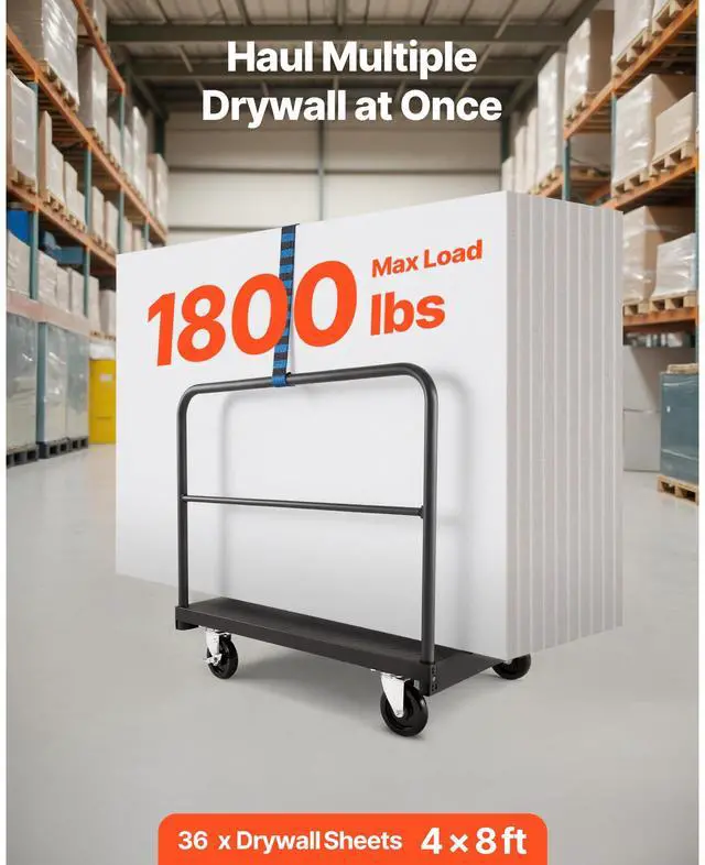 Alt view image 3 of 8 - VEVOR Drywall Cart Dolly, 1800 lbs Load Capacity, 2-in-1 Steel Panel Truck Cart with 5 inch Swivel Casters, 36 x 24 inch Platform Truck with 4 Side Handrails for Factory, Warehouse, Garage, Black
