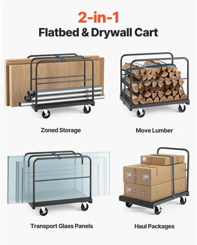 Alt view image 4 of 8 - VEVOR Drywall Cart Dolly, 1800 lbs Load Capacity, 2-in-1 Steel Panel Truck Cart with 5 inch Swivel Casters, 36 x 24 inch Platform Truck with 4 Side Handrails for Factory, Warehouse, Garage, Black