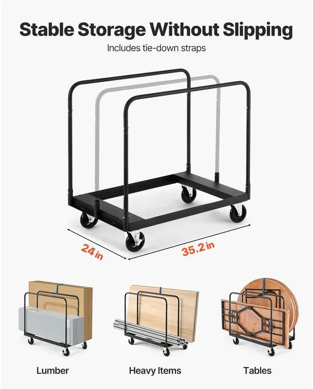 Alt view image 4 of 8 - VEVOR Drywall Cart Dolly, 1800 lbs Load Capacity, Steel Panel Truck Cart with 5 inch Swivel Casters, Lumber Drywall Dolly with with Tie-Down Strap & 3 Side Handrails for Factory, Warehouse, Garage