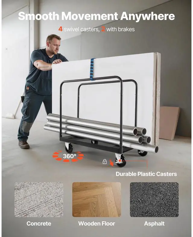 Alt view image 5 of 8 - VEVOR Drywall Cart Dolly, 1800 lbs Load Capacity, Steel Panel Truck Cart with 5 inch Swivel Casters, Lumber Drywall Dolly with with Tie-Down Strap & 3 Side Handrails for Factory, Warehouse, Garage