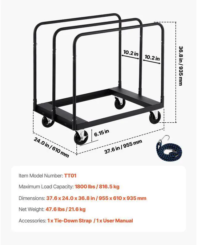 Alt view image 8 of 8 - VEVOR Drywall Cart Dolly, 1800 lbs Load Capacity, Steel Panel Truck Cart with 5 inch Swivel Casters, Lumber Drywall Dolly with with Tie-Down Strap & 3 Side Handrails for Factory, Warehouse, Garage