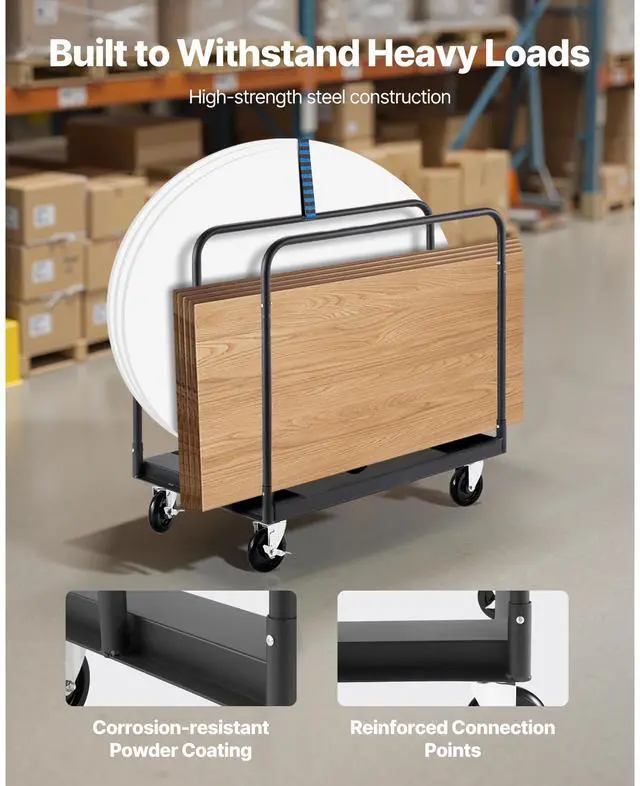 Alt view image 6 of 8 - VEVOR Drywall Cart Dolly, 1800 lbs Load Capacity, Steel Panel Truck Cart with 5 inch Swivel Casters, Lumber Drywall Dolly with with Tie-Down Strap & 3 Side Handrails for Factory, Warehouse, Garage