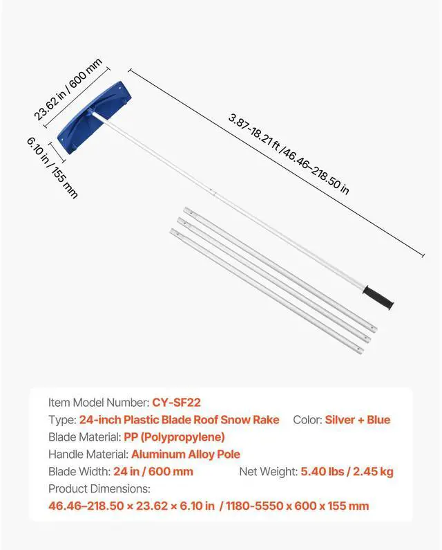Alt view image 8 of 8 - VEVOR 3.8-18.2 ft Snow Roof Rake 24 in Plastic Blade with Wheels Lightweight