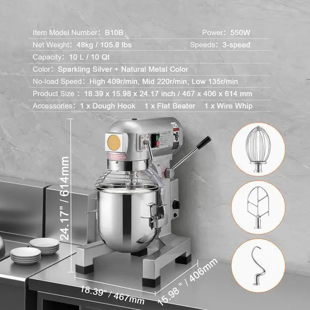 Alt view image 9 of 9 - VEVOR  Commercial Food Mixer 10L 3-Speed Stand Dough Mixer 550W for Restaurant