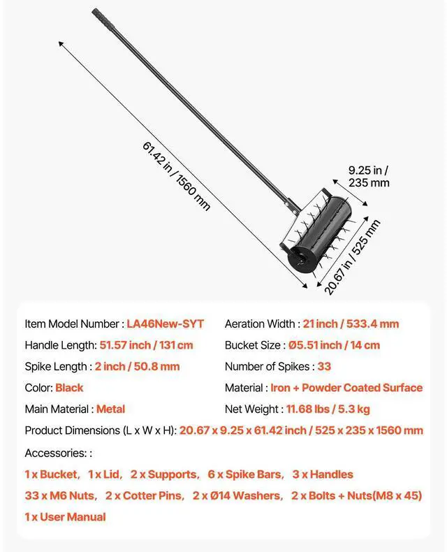 Alt view image 8 of 8 - VEVOR Rolling Lawn Aerator, 21-inch Heavy-Duty Manual Rolling Aerator Lawn with Detachable Handle and 33 Iron Spikes, Rolling Lawn Aeration Tool for Garden Patio Yard Compacted Soils and Lawns, Black