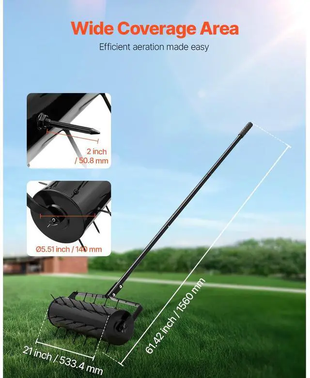Alt view image 3 of 8 - VEVOR Rolling Lawn Aerator, 21-inch Heavy-Duty Manual Rolling Aerator Lawn with Detachable Handle and 33 Iron Spikes, Rolling Lawn Aeration Tool for Garden Patio Yard Compacted Soils and Lawns, Black